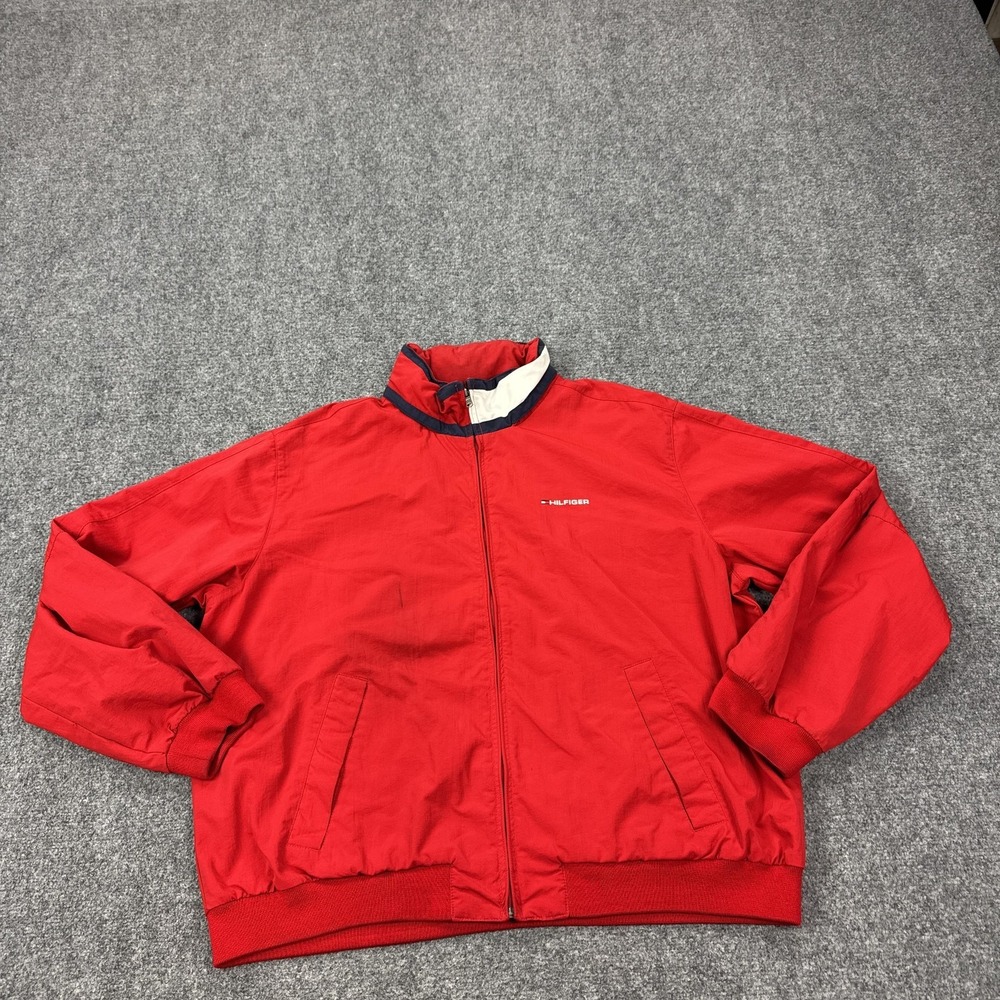 Tommy Hilfiger Jacket Mens XL Red Nylon Windbreaker Hooded Logo Lined Casual